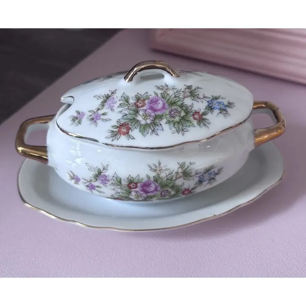 Vtg Lefton China hand painted Sugar Bowl Lid & Attached Underplate Cottage